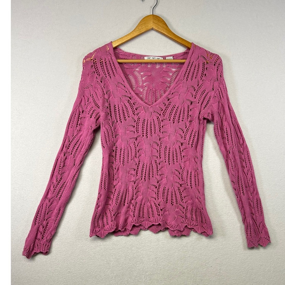 Pink V Neck 100% Cotton Crochet Knit Long Sleeve Sweater Top Women's Small